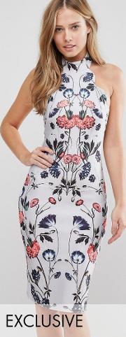 high neck midi pencil dress with placement floral print