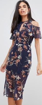 hope & ivy cold shoulder midi dress with frill  cut out detail