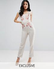 hope & ivy embroidered jumpsuit with frill sleeve