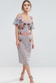 hope & ivy embroidered lace midi dress with constrast straps and tie cold shoulder