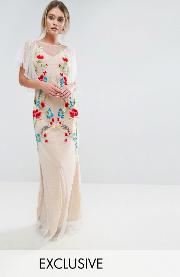 hope & ivy embroidered sheer maxi dress with fishtail and flutter sleeve
