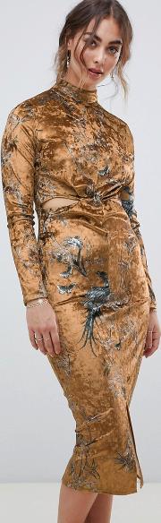 Hope & Ivy Long Sleeve Velvet Midi Dress With Knot Front Detail