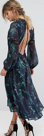 hope & ivy printed open back midi dress with lace inserts