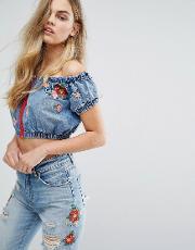 X Lee Off The Shoulder Denim Crop Top With Floral Embroidery
