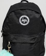 exclusive backpack in black with teal pom