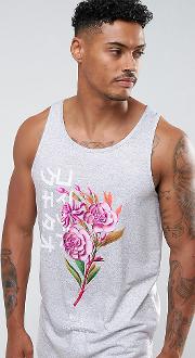 Vest In Grey With Japanese Floral Print
