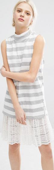 high neck sleeveless dress in marl stripe with lace trim hem