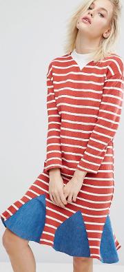 stripe dress with denim insert hem