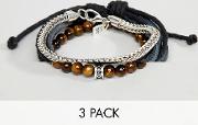 black leather & brown beaded bracelets in 3 pack