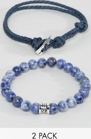 blue woven & beaded bracelets in 2 pack