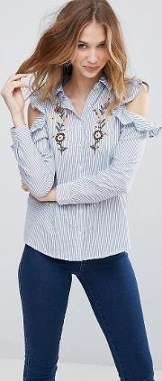 cold shoulder ruffle shirt with embroidery