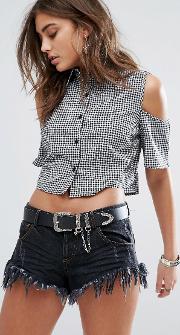 cropped checked cold shoulder shirt
