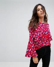flare sleeve top with frill front
