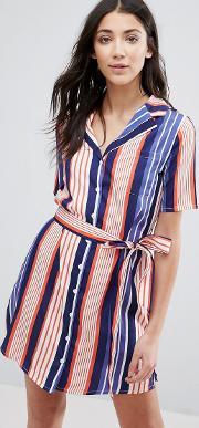 lapel collar striped shirt dress