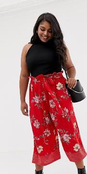 Wide Leg Floral And Polka Dot Trousers With Tie Waist