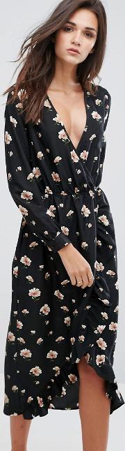 ruffle wrap midi dress in floral print