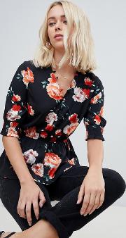 Shirred Sleeve Floral Blouse With Button Down Front