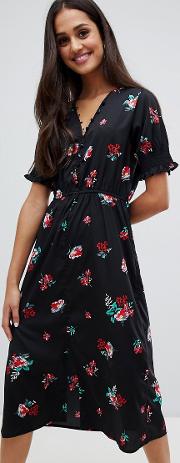 Shirred Sleeve Floral Midi Dress With Button Down Front