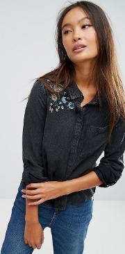 Shirt With Embroidered Shoulder