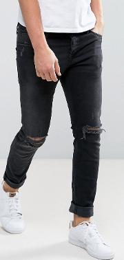 intelligence slim fit jeans  black wash with knee rips