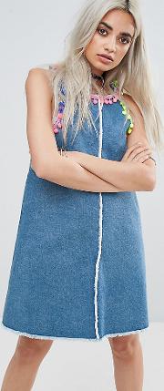 Denim Mini Dress With Pom  Trim Detail