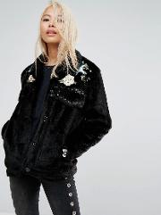 Cropped Faux Fur Jacket With Western Embroidery & Studding Details