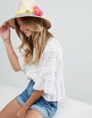 Woven Straw Hat With Pom  Detail