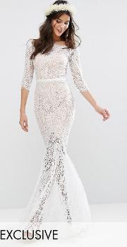 bridal bardot lace maxi dress with fishtail ivory