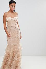 glitter star tulle maxi dress with basque top and ruffle hem in nude