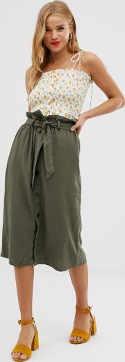 Button Through Linen Midi Skirt