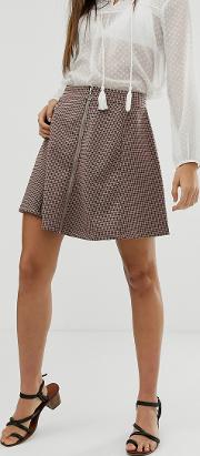 Houndstooth Zip Through Mini Skirt