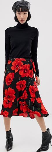 Poppy Print Wrap Midi Skirt