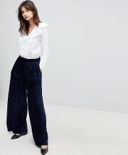 high waist wide leg trousers in pleated velvet