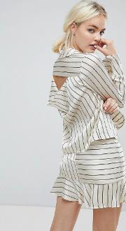 J.o.a Wrap Front Tailored Shirt In Satin Formal Stripe Co Ord