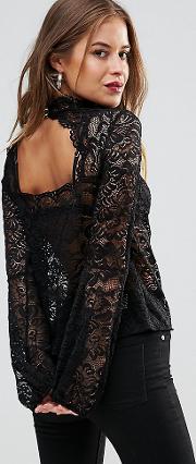 cutwork lace top with blouson sleeve
