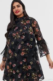 Flocked Floral Shift Dress With Fringed Sleeves