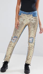distressed sequin front skinny jeans