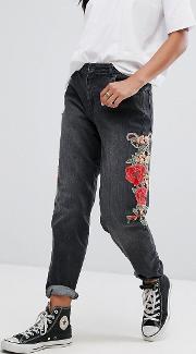 floral embroidered side mom jeans