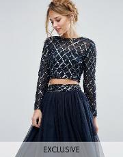 lace & beads irredescent crop top co ord navy