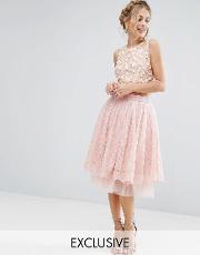 lace & beads tulle midi skirt with  overlay