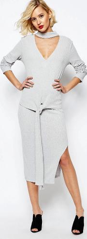 light grey rib knit asymmetric midi skirt