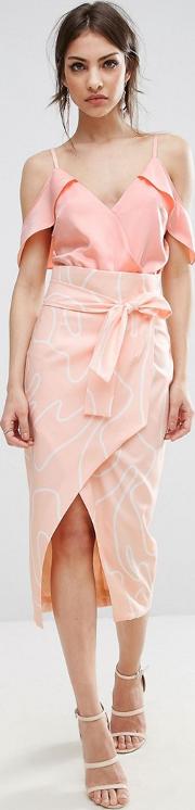 Tie Front Wrap Midi Skirt In Abstract Print