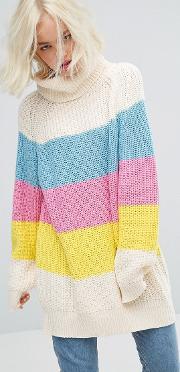 oversized roll neck knitted jumper with sorbet panels