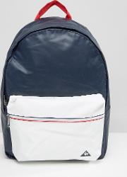 Navy Leather Look Backpack With Tricolore Trim