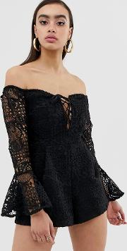 Off Shoulder Lace Playsuit With Bell Sleeve