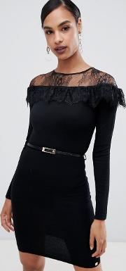 Long Sleeve Belted Jumper Dress With Lace Detail