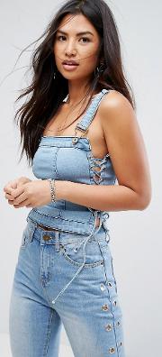 denim crop top with lace up detail