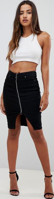 denim midi skirt with exposed zip