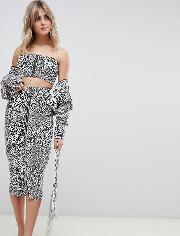 Leopard Print Denim Zip Front Midi Skirt