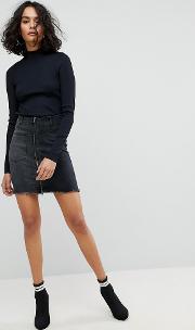 Mini Denim Skirt With Asymmetric Pocket And Embroidery